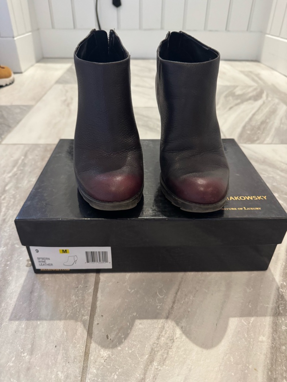Black Leather Ankle Boots with Burgundy Toe